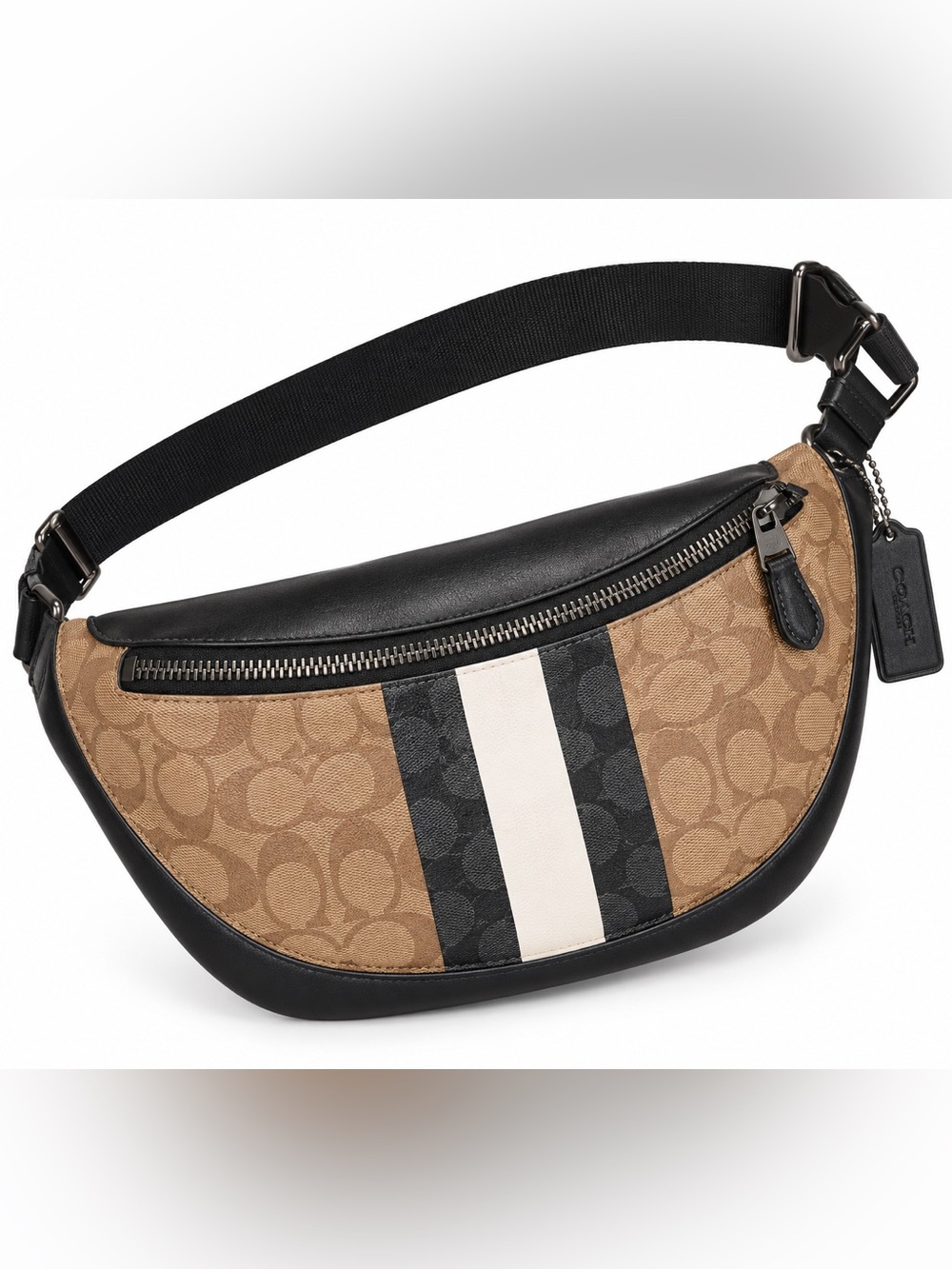 Coach Men’s Tan Signature Canvas Belt Bag with Black & White Stripe